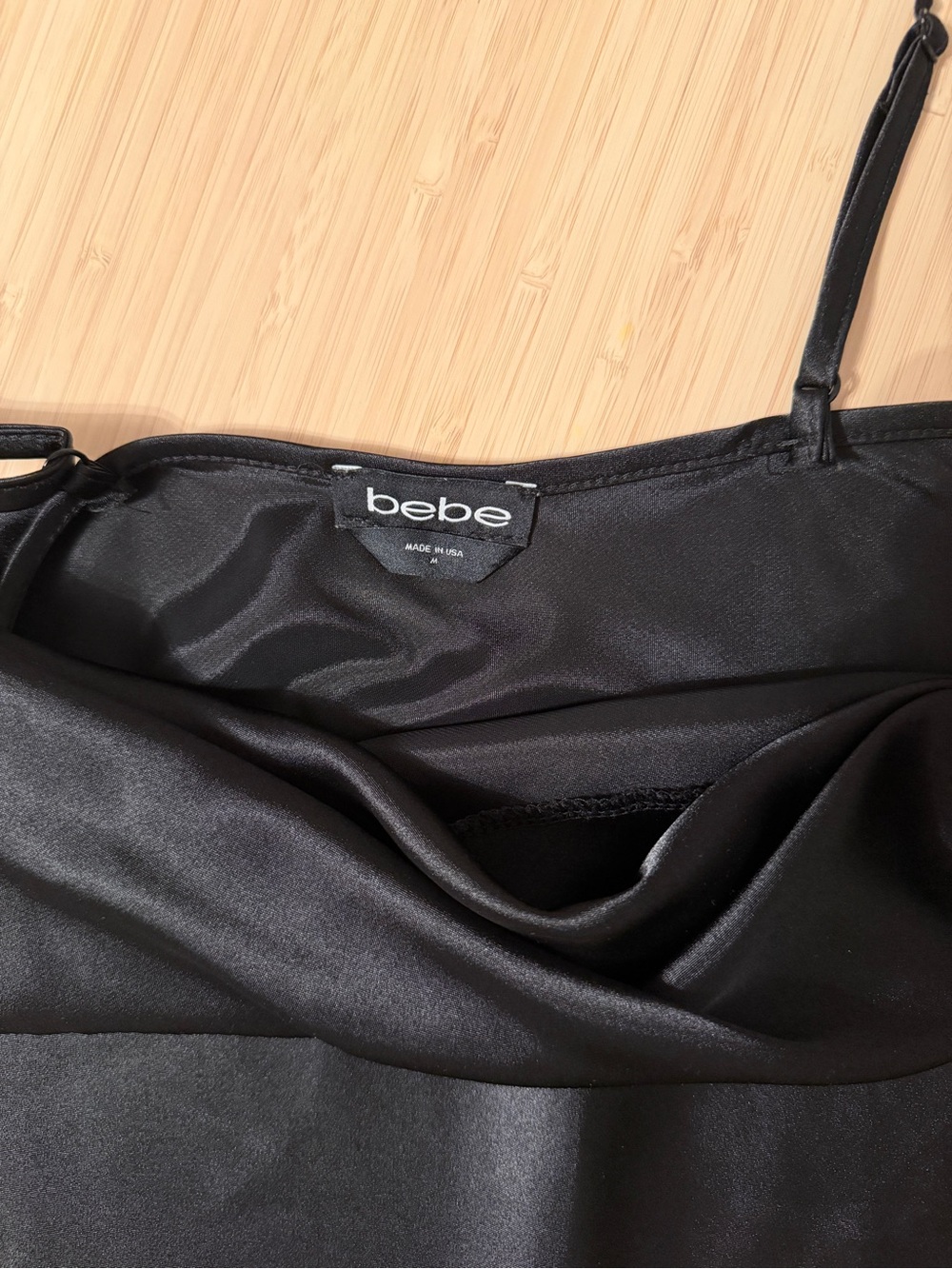 bebe Black Satin Midi Slip Dress with Spaghetti Straps - Picture 2 of 3